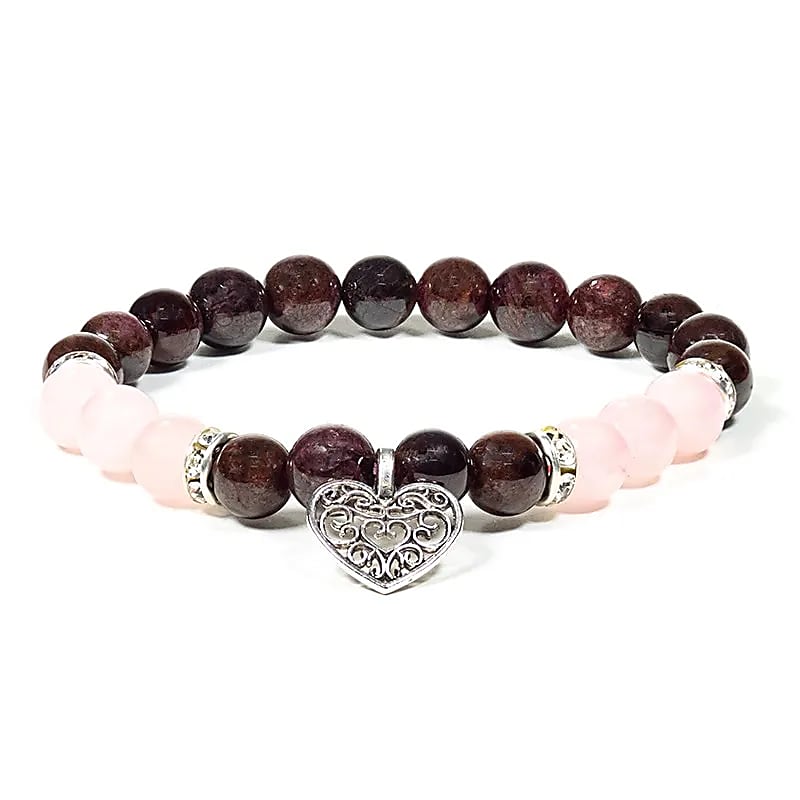 Armband - Granat & Rosenkvarts med Hjärta (8 mm)