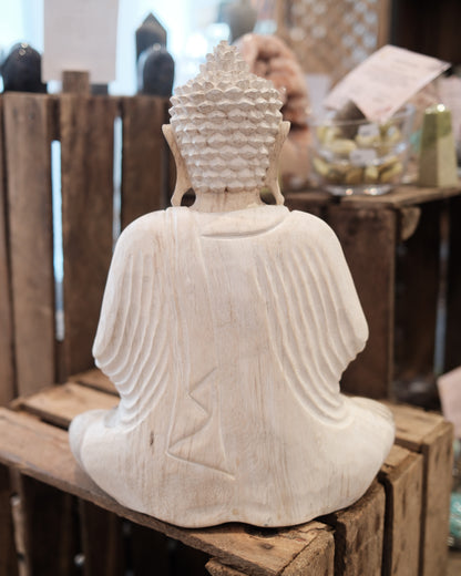 Handkarvad Buddha - Vittvättad, 30cm
