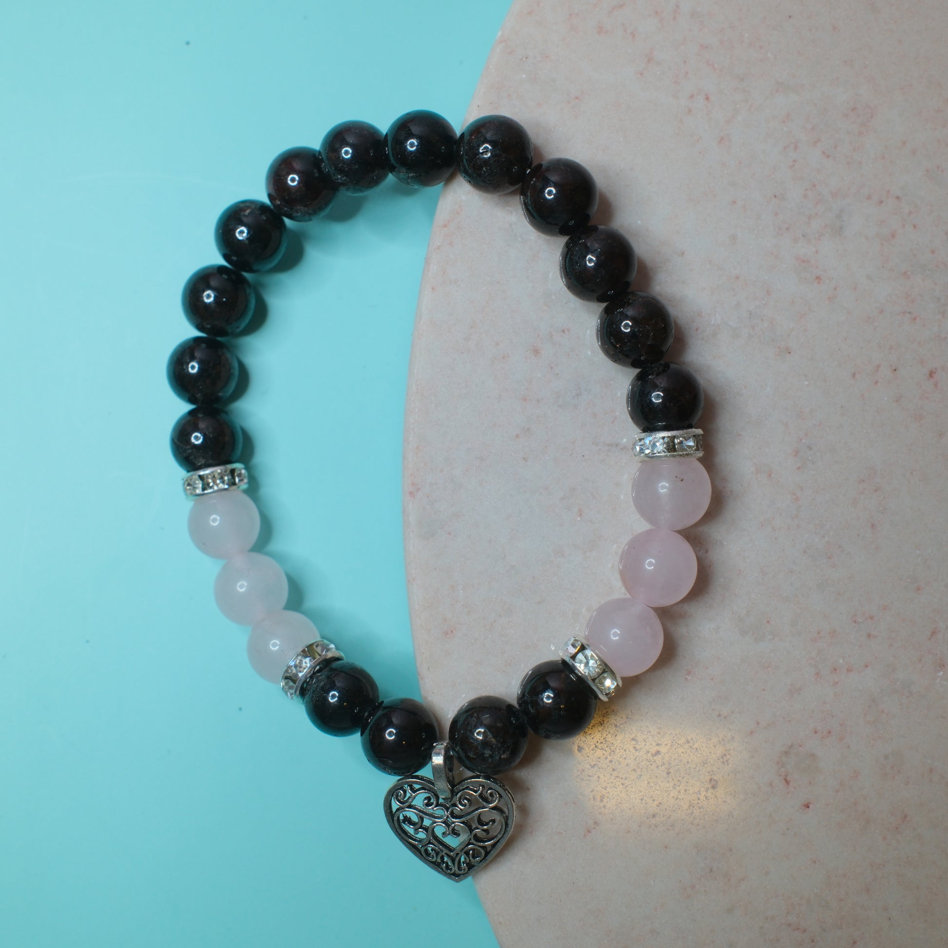 Armband Granat & Rosenkvarts Hjärta 8mm Spiritana